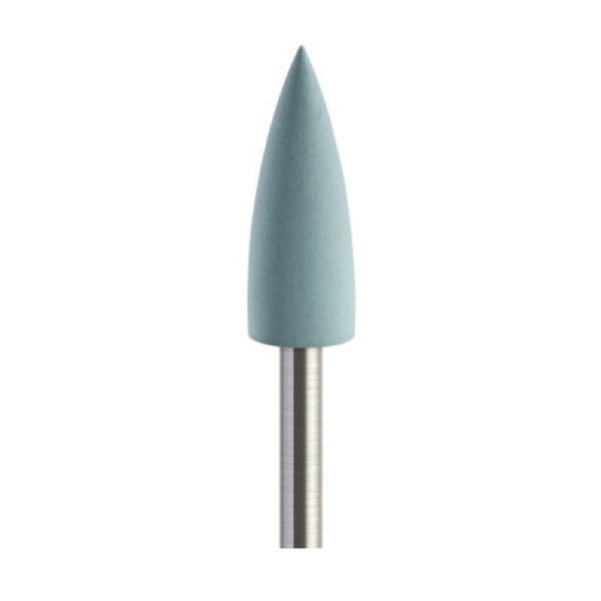 Pulidor de goma silicona Bala puntiaguda 6x16mm | 🔵 Celeste — Suave (F) — Acabado y alisado | Etapa 3 — Acabado y alisado final | Zirconio verde · Cerámica | HP 2,35 mm | SPIN tech