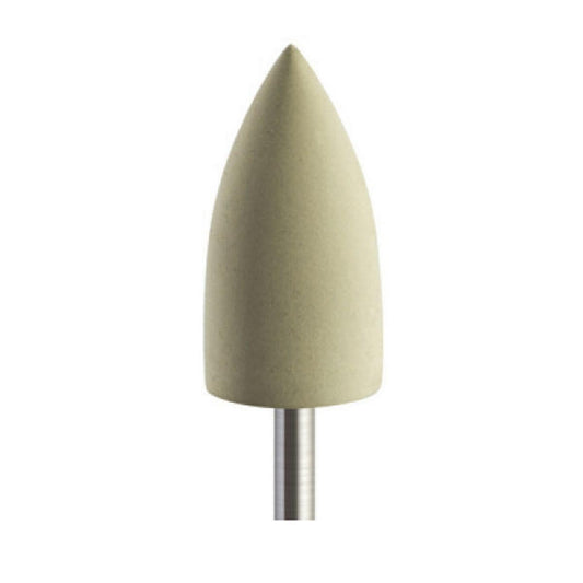 Pulidor de goma silicona Bala puntiaguda mediana 10x20mm | ⚪ Claro — Fino (F) — Acabado y alto brillo | Etapa 4 — Acabado y alto brillo | Acrílico · PMMA · Plástico técnico | HP 2,35 mm | SPIN tech
